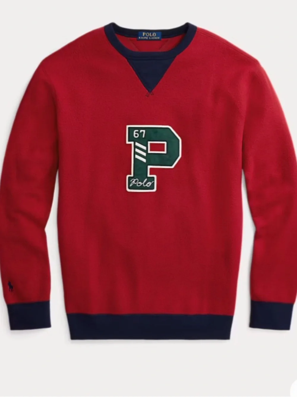 Polo by Ralph Lauren Red Crewneck Sweatshirt with Navy Trim and Green Patch